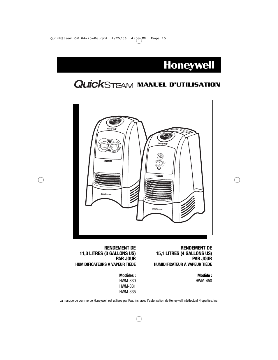 Manuel d’utilisation | Honeywell HWM-331 User Manual | Page 15 / 44