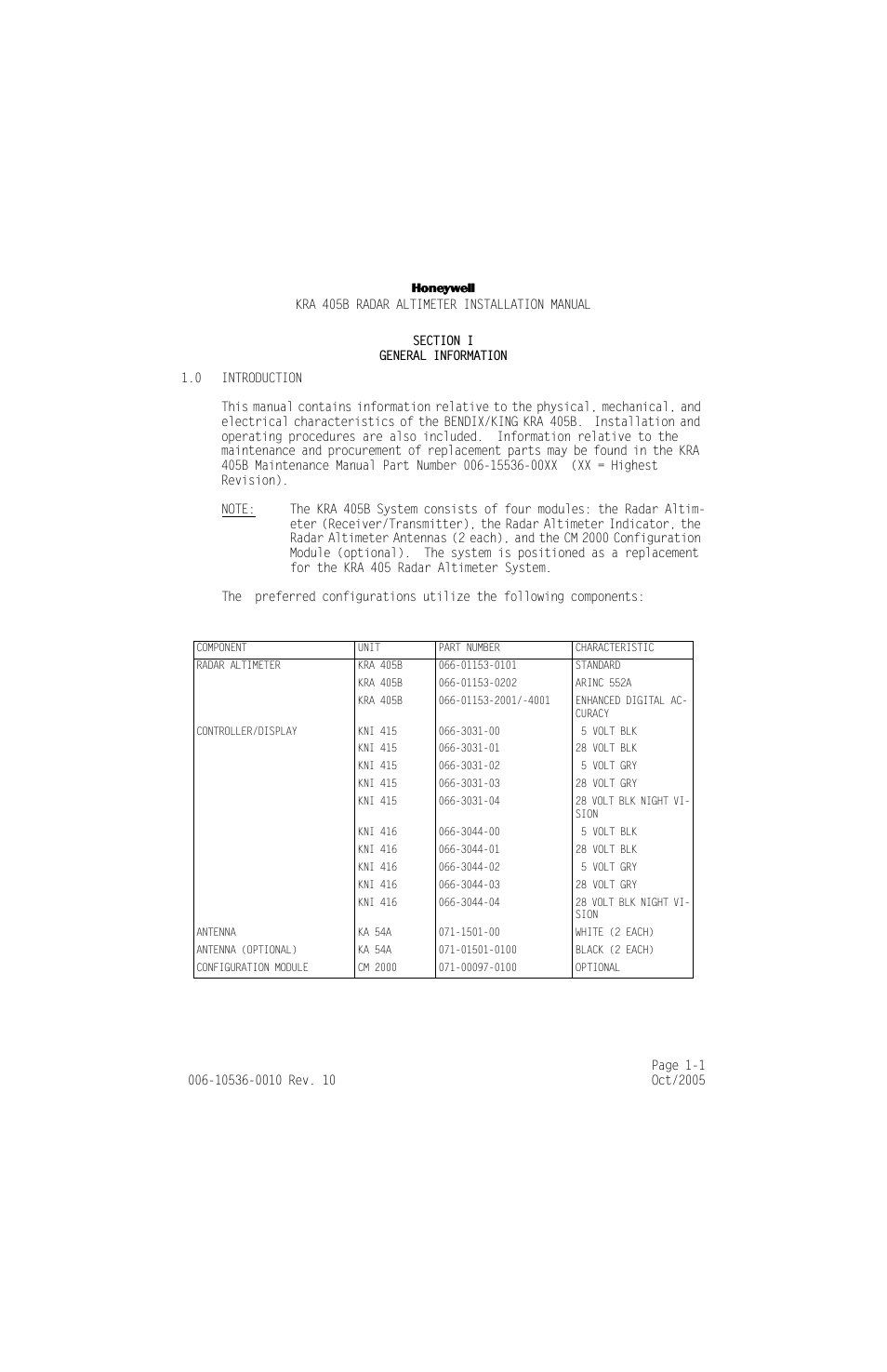 Section i general information, 0 introduction, Section i | General information, Introduction -1 | Honeywell KA 54 User Manual | Page 13 / 77