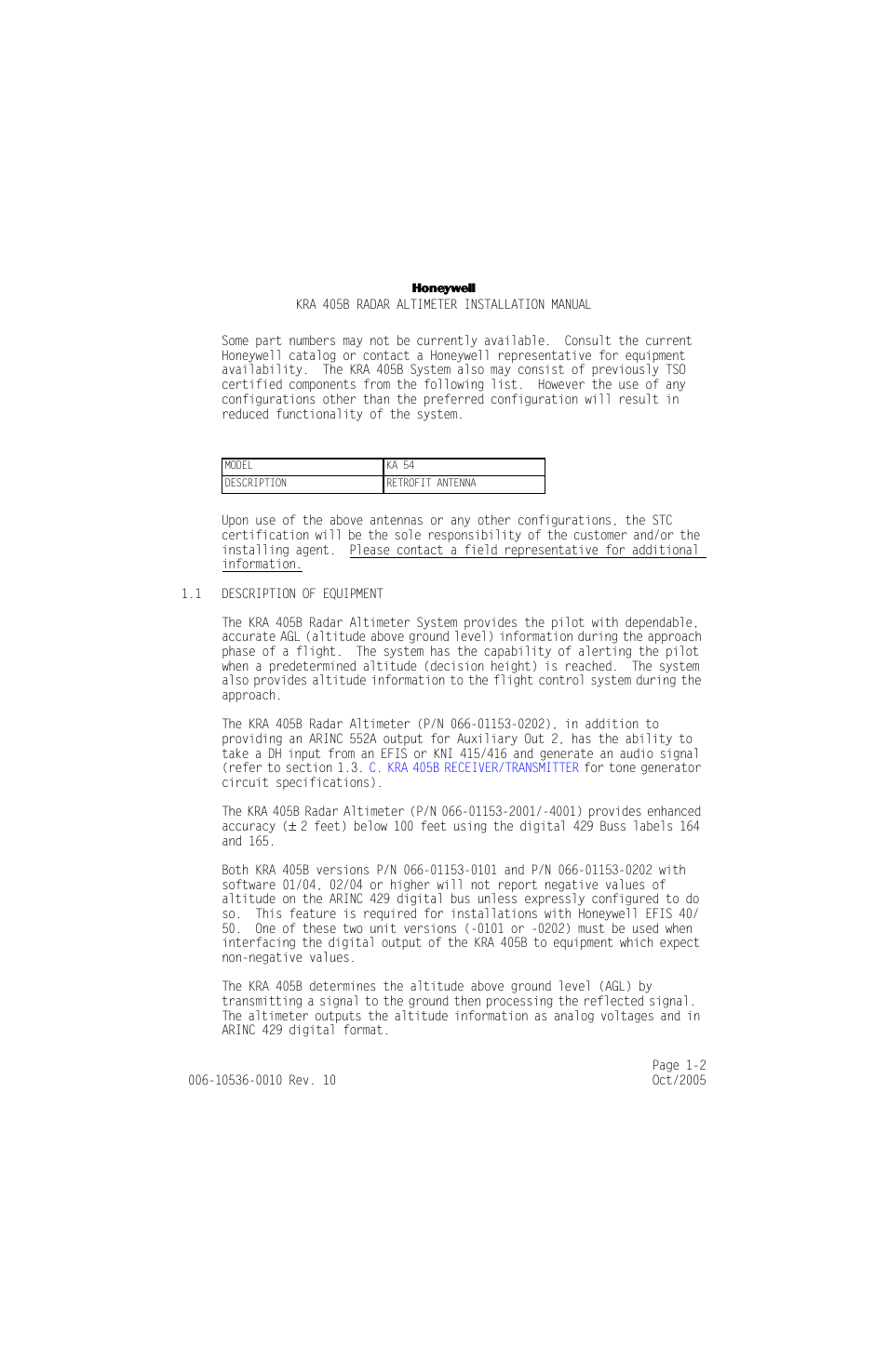 1 description of equipment, Description of equipment -2 | Honeywell KA 54 User Manual | Page 14 / 77
