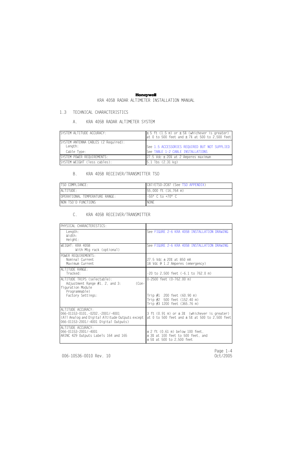 3 technical characteristics, A. kra 405b radar altimeter system, B. kra 405b receiver/transmitter tso | C. kra 405b receiver/transmitter, Technical characteristics -4 | Honeywell KA 54 User Manual | Page 16 / 77