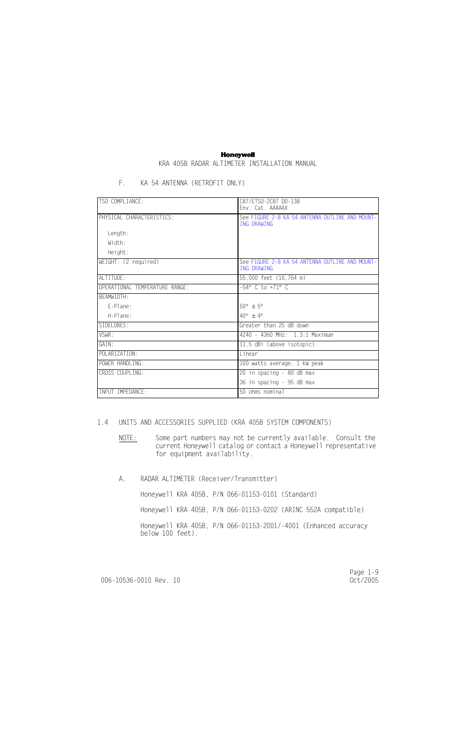 F. ka 54 antenna (retrofit only), A. radar altimeter (receiver/transmitter), F. ka 54 antenna (retrofit only) -9 | A. radar altimeter (receiver/transmitter) -9 | Honeywell KA 54 User Manual | Page 21 / 77
