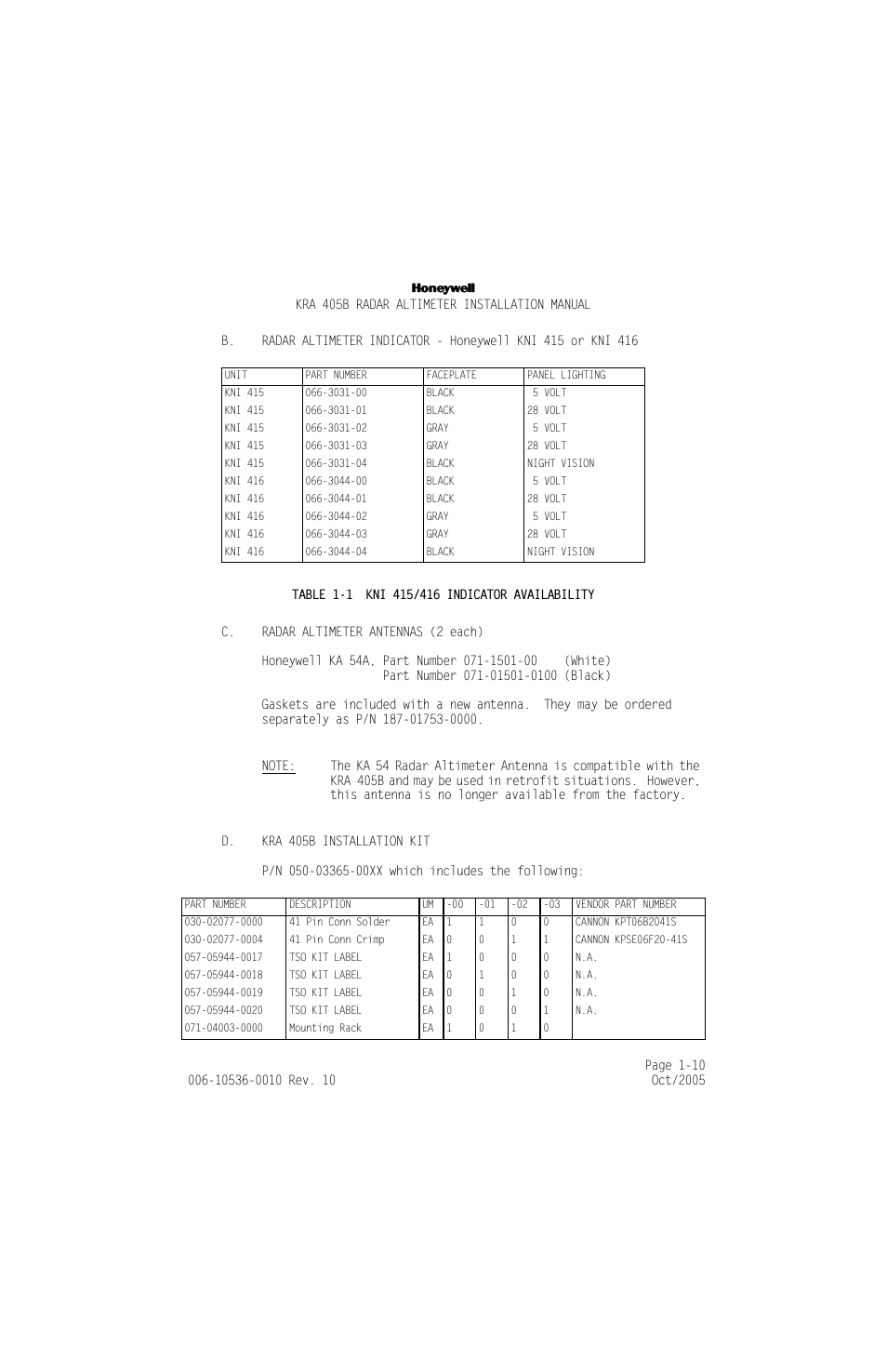 C. radar altimeter antennas (2 each), D. kra 405b installation kit, Table 1-1 | Kni 415/416 indicator availability -10 | Honeywell KA 54 User Manual | Page 22 / 77