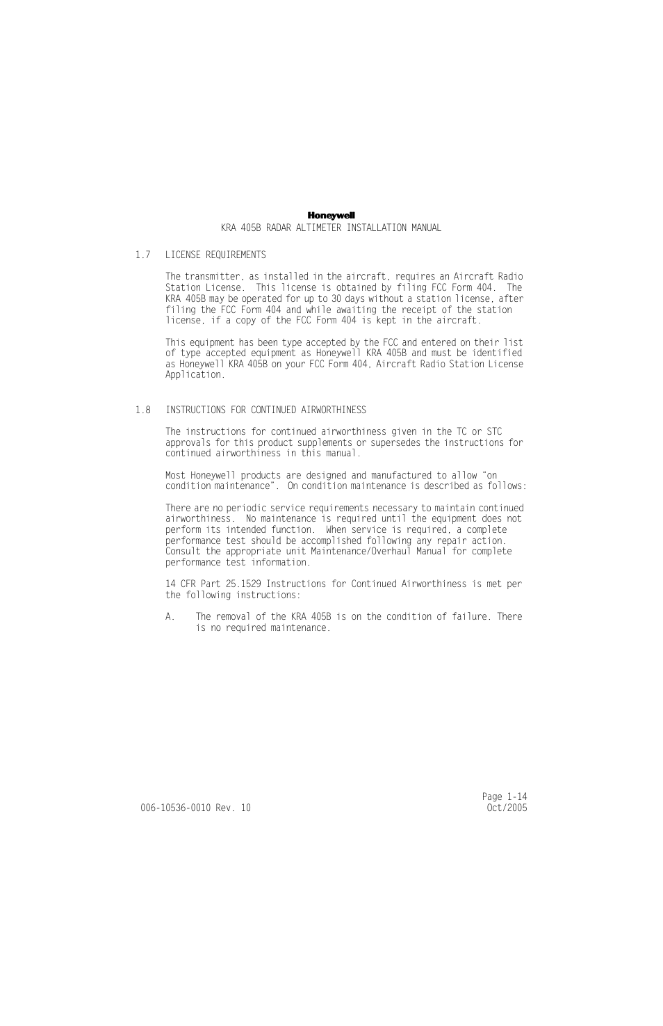 7 license requirements, 8 instructions for continued airworthiness, License requirements -14 | Instructions for continued airworthiness -14 | Honeywell KA 54 User Manual | Page 26 / 77