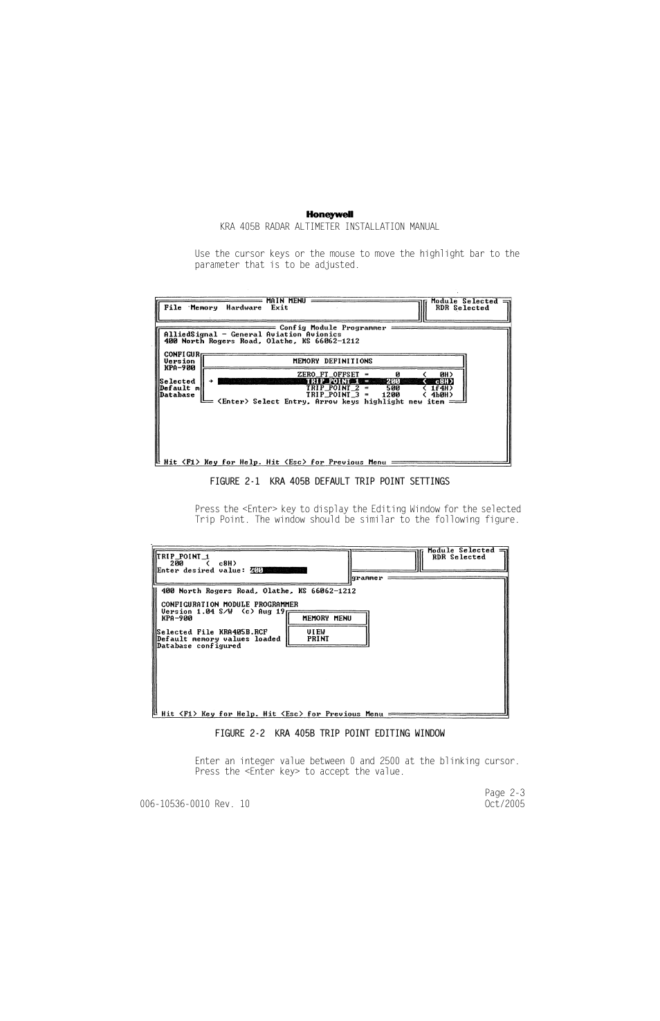 Figure 2-1, Kra 405b default trip point settings -3, Figure 2-2 | Kra 405b trip point editing window -3 | Honeywell KA 54 User Manual | Page 29 / 77