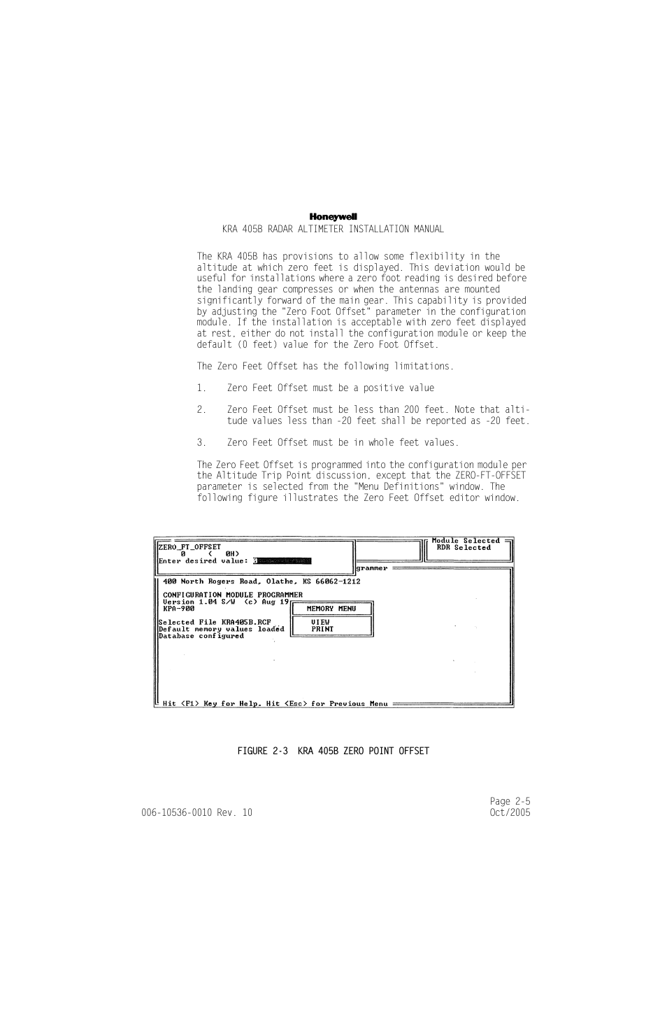 Figure 2-3, Kra 405b zero point offset -5 | Honeywell KA 54 User Manual | Page 31 / 77