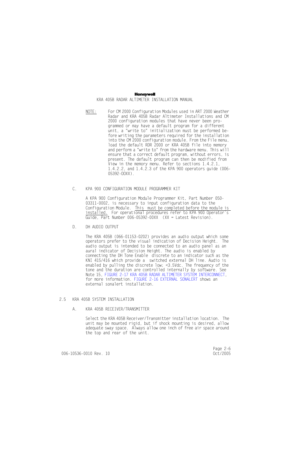 C. kpa 900 configuration module programmer kit, D. dh audio output, 5 kra 405b system installation | A. kra 405b receiver/transmitter, Kra 405b system installation -6, A. kra 405b receiver/transmitter -6 | Honeywell KA 54 User Manual | Page 32 / 77