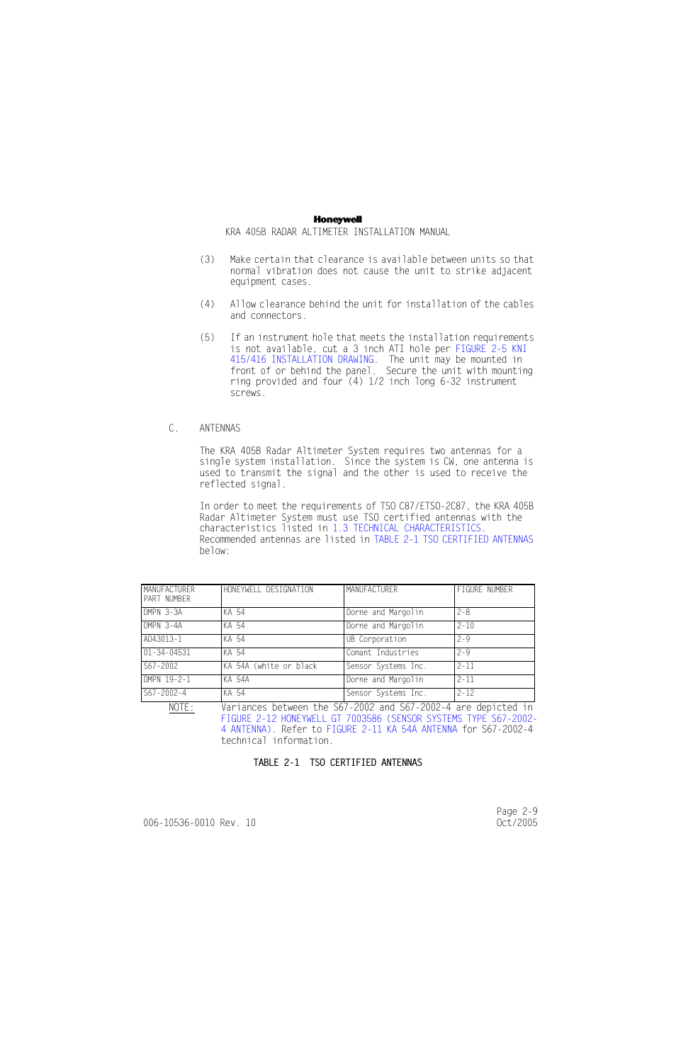 C. antennas, C. antennas -9, Table 2-1 | Tso certified antennas -9 | Honeywell KA 54 User Manual | Page 35 / 77