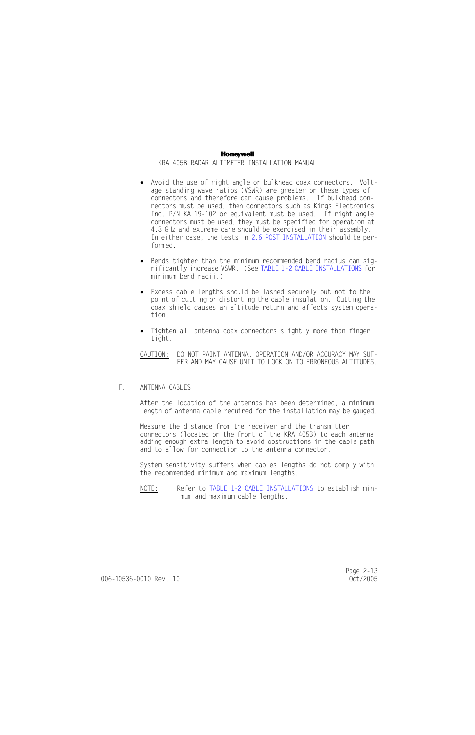 F. antenna cables, F. antenna cables -13 | Honeywell KA 54 User Manual | Page 39 / 77