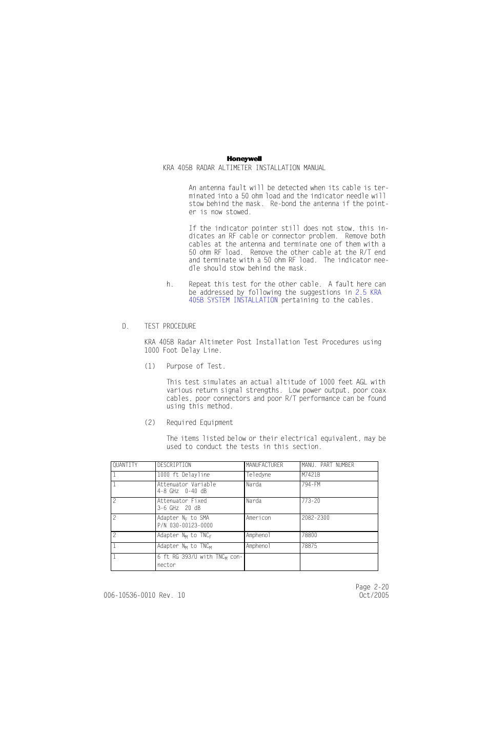 D. test procedure, D. test procedure -20 | Honeywell KA 54 User Manual | Page 46 / 77