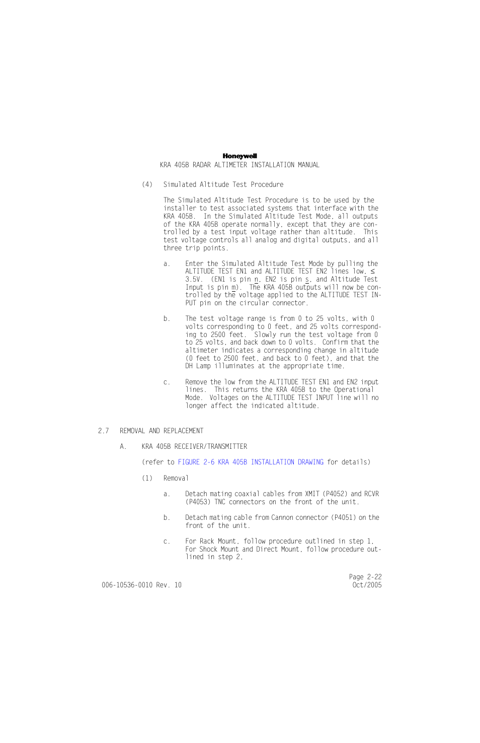 7 removal and replacement, A. kra 405b receiver/transmitter, Removal and replacement -22 | A. kra 405b receiver/transmitter -22 | Honeywell KA 54 User Manual | Page 48 / 77