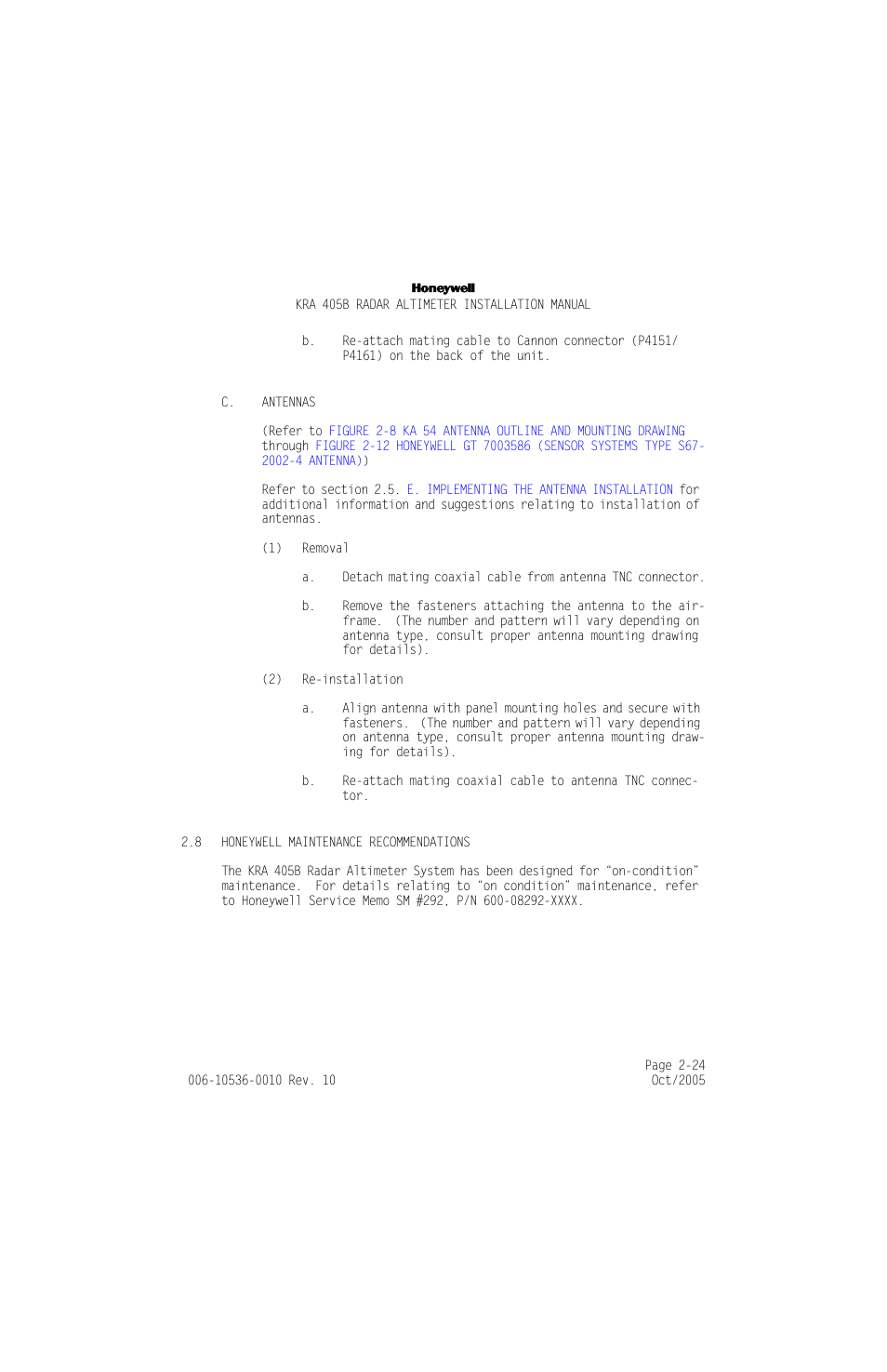 C. antennas, 8 honeywell maintenance recommendations, C. antennas -24 | Honeywell maintenance recommendations -24 | Honeywell KA 54 User Manual | Page 50 / 77