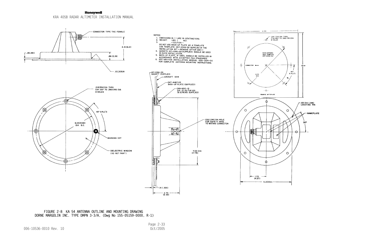 Figure 2-8, Ka 54 antenna outline and mounting drawing -33, Figure 2-8 ka 54 antenna outline and mount | Ing drawing | Honeywell KA 54 User Manual | Page 55 / 77