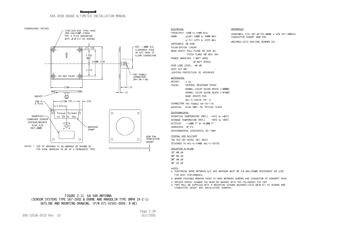 Figure 2-11, Ka 54a antenna -39, Figure 2-11 ka 54a antenna | For s67-2002-4 | Honeywell KA 54 User Manual | Page 58 / 77