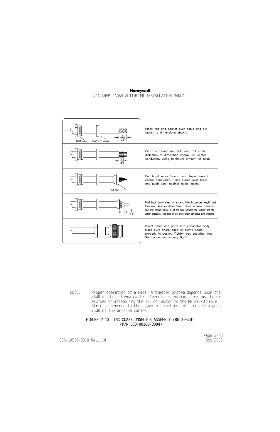 Figure 2-13, Tnc coax/connector assembly (rg 393/u) -43 | Honeywell KA 54 User Manual | Page 60 / 77