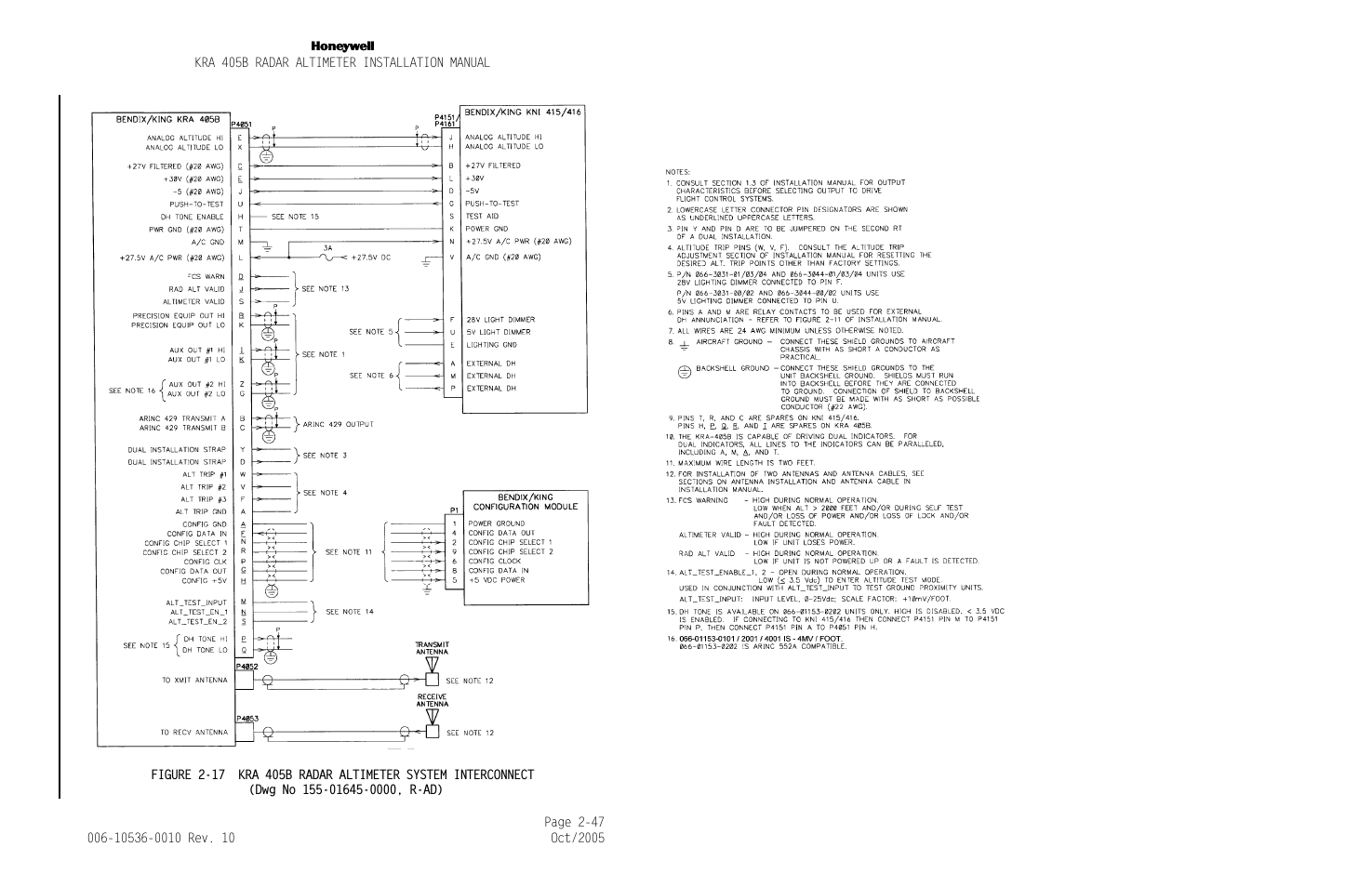 Figure 2-17, Kra 405b radar altimeter system interconnect -47, Note 15 | Figure 2-17 kra 405b, Radar altimeter system interconnect, Figure 2-17 kra 405b radar altimeter system, Interconnect, As required | Honeywell KA 54 User Manual | Page 64 / 77