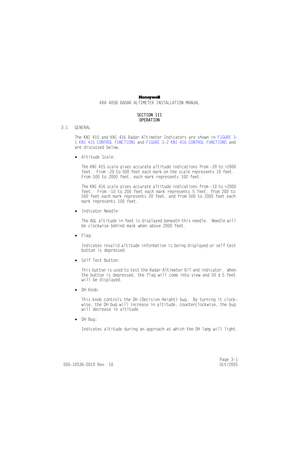 Section iii operation, 1 general, Section iii | Operation, General -1 | Honeywell KA 54 User Manual | Page 66 / 77