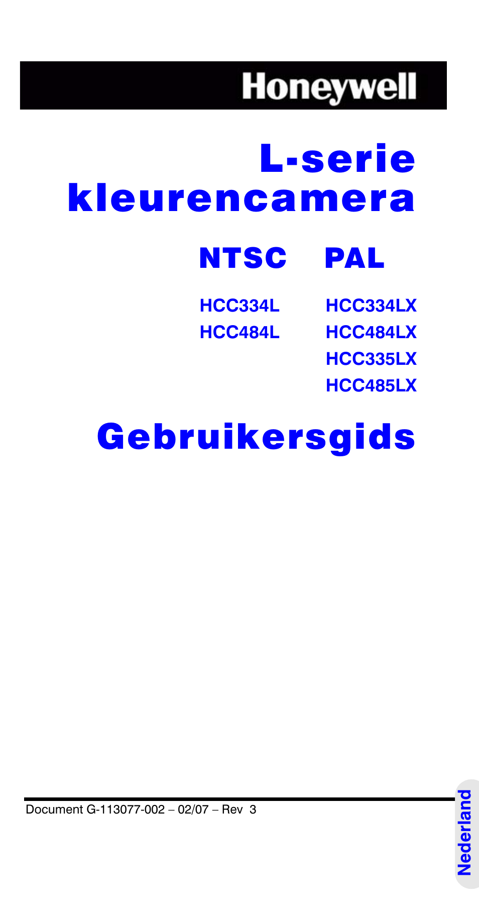 L-serie kleurencamera, Gebruikersgids, Ntsc pal | Honeywell HCC334L User Manual | Page 101 / 120