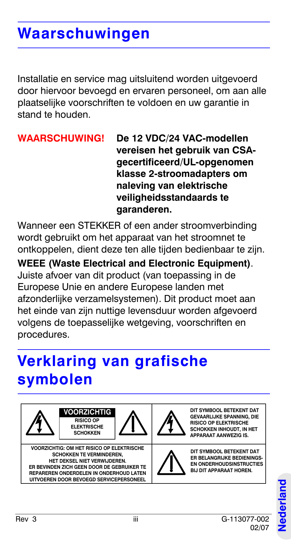 Waarschuwingen, Verklaring van grafische symbolen, Ned e rland | Honeywell HCC334L User Manual | Page 103 / 120