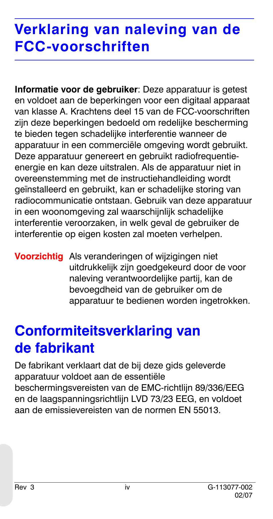 Verklaring van naleving van de fcc-voorschriften, Conformiteitsverklaring van de fabrikant | Honeywell HCC334L User Manual | Page 104 / 120