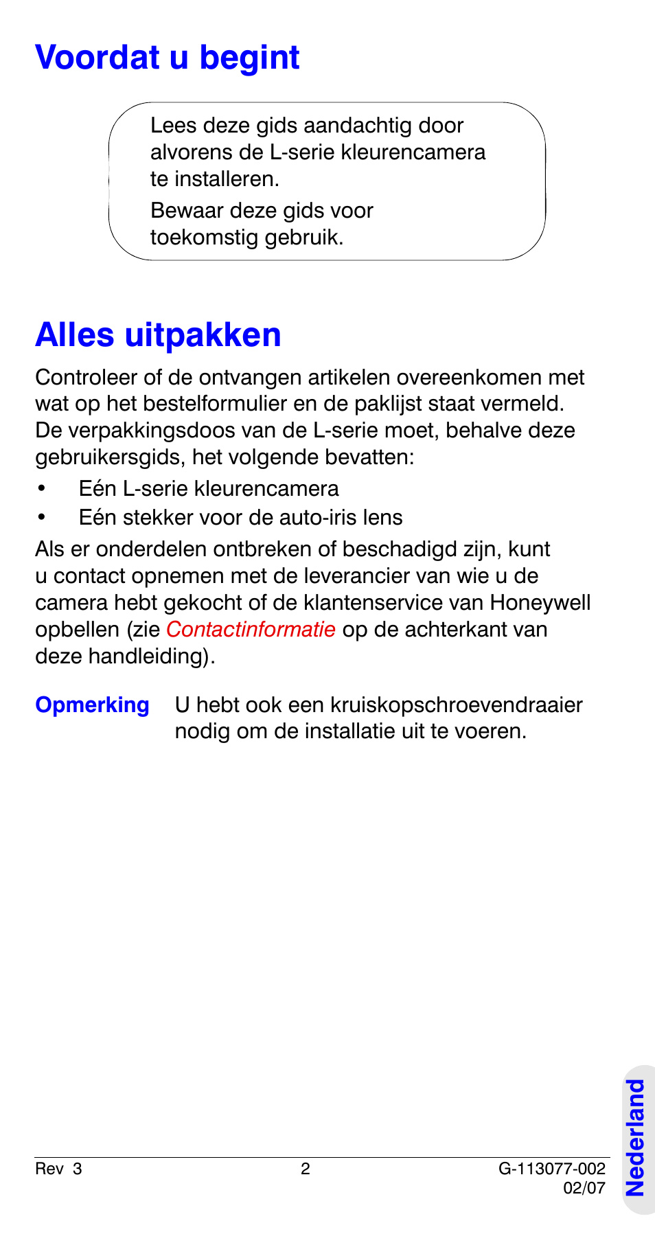 Voordat u begint, Alles uitpakken, Voordat u begint alles uitpakken | Honeywell HCC334L User Manual | Page 107 / 120