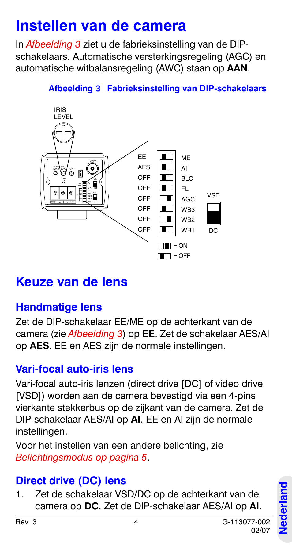 Instellen van de camera, Keuze van de lens, Ned e rland | Handmatige lens, Vari-focal auto-iris lens, Direct drive (dc) lens | Honeywell HCC334L User Manual | Page 109 / 120