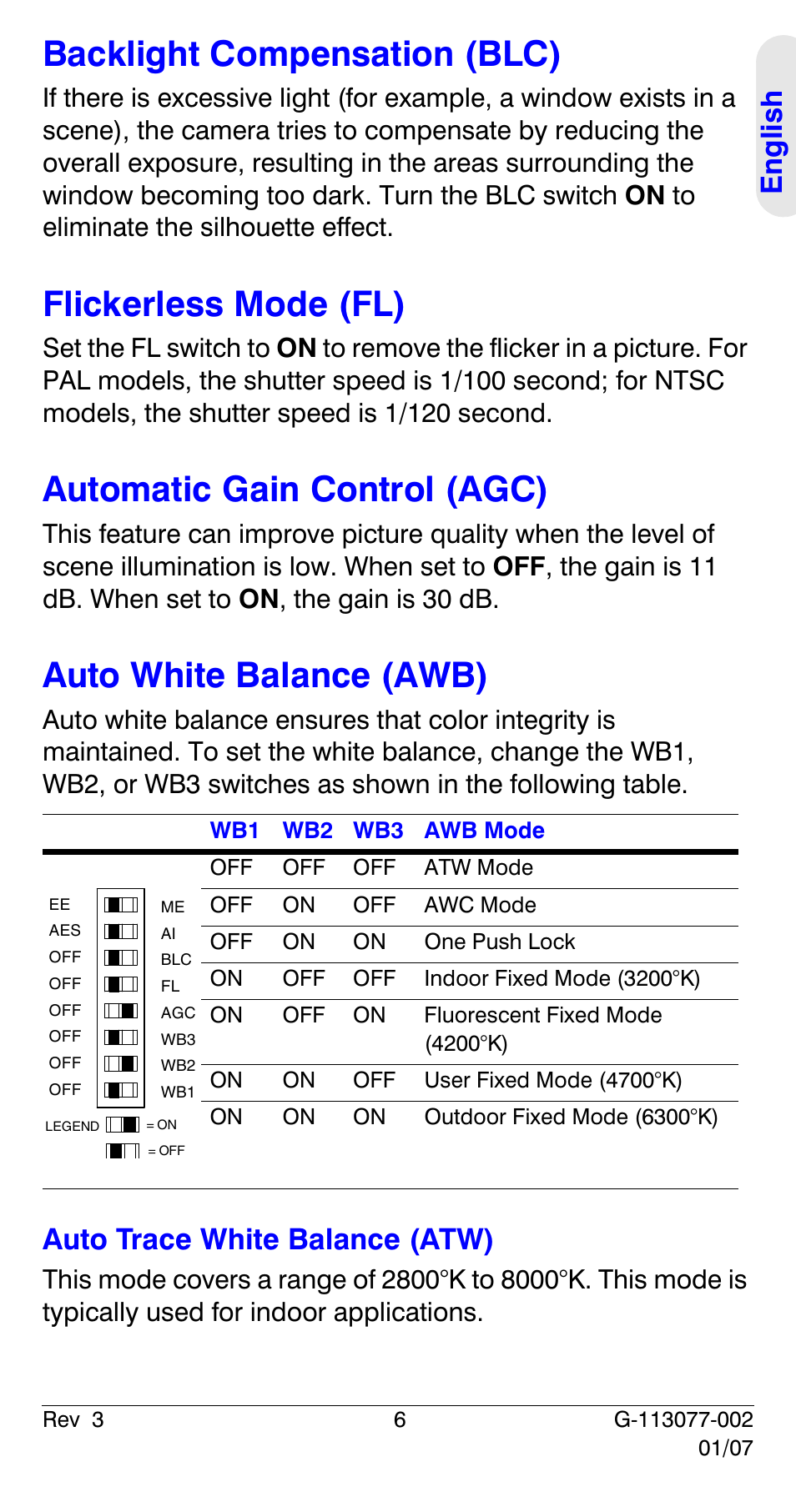Backlight compensation (blc), Flickerless mode (fl), Automatic gain control (agc) | Auto white balance (awb), Eng lish, Auto trace white balance (atw) | Honeywell HCC334L User Manual | Page 11 / 120