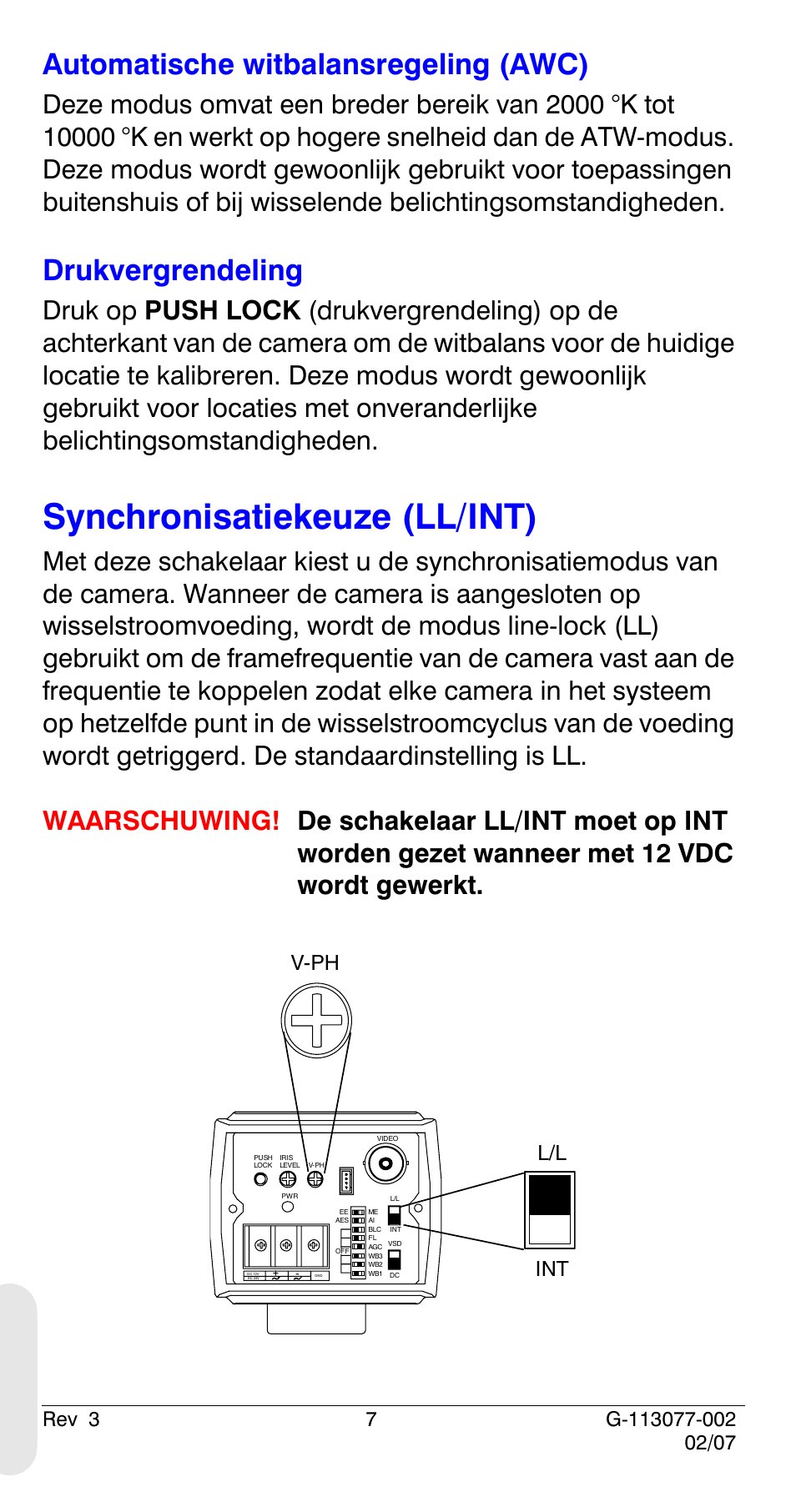 Synchronisatiekeuze (ll/int), Automatische witbalansregeling (awc), Drukvergrendeling | L/l int v-ph | Honeywell HCC334L User Manual | Page 112 / 120