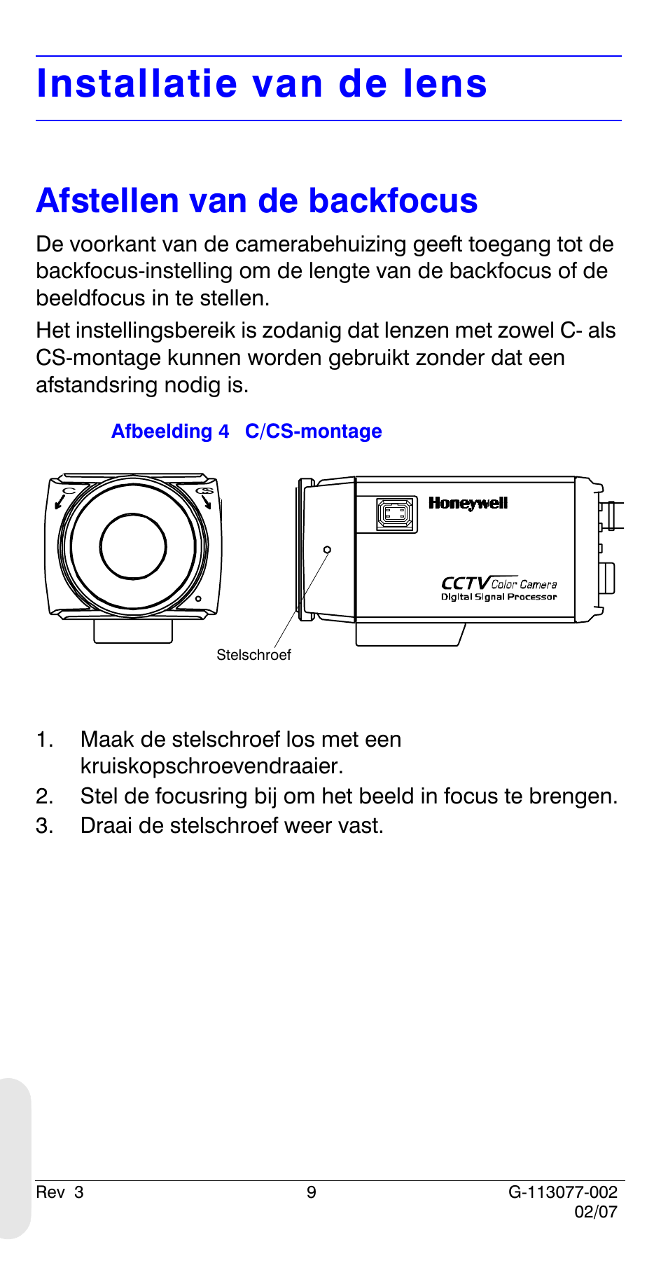 Installatie van de lens, Afstellen van de backfocus | Honeywell HCC334L User Manual | Page 114 / 120