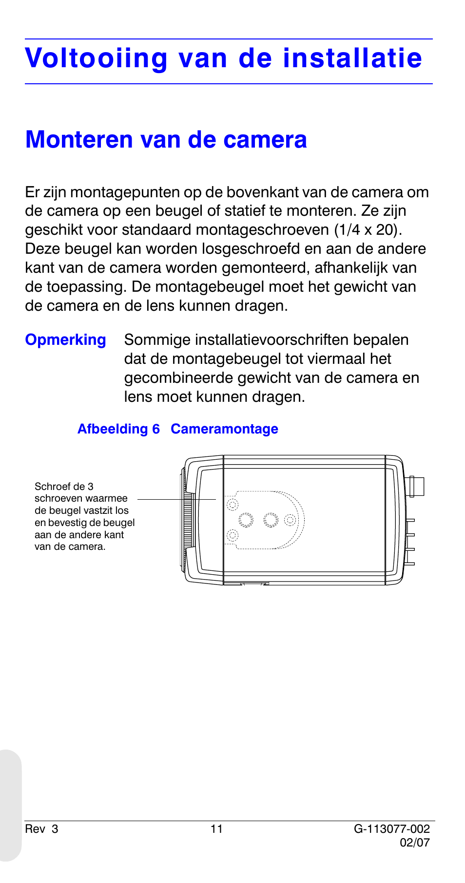 Voltooiing van de installatie, Monteren van de camera | Honeywell HCC334L User Manual | Page 116 / 120