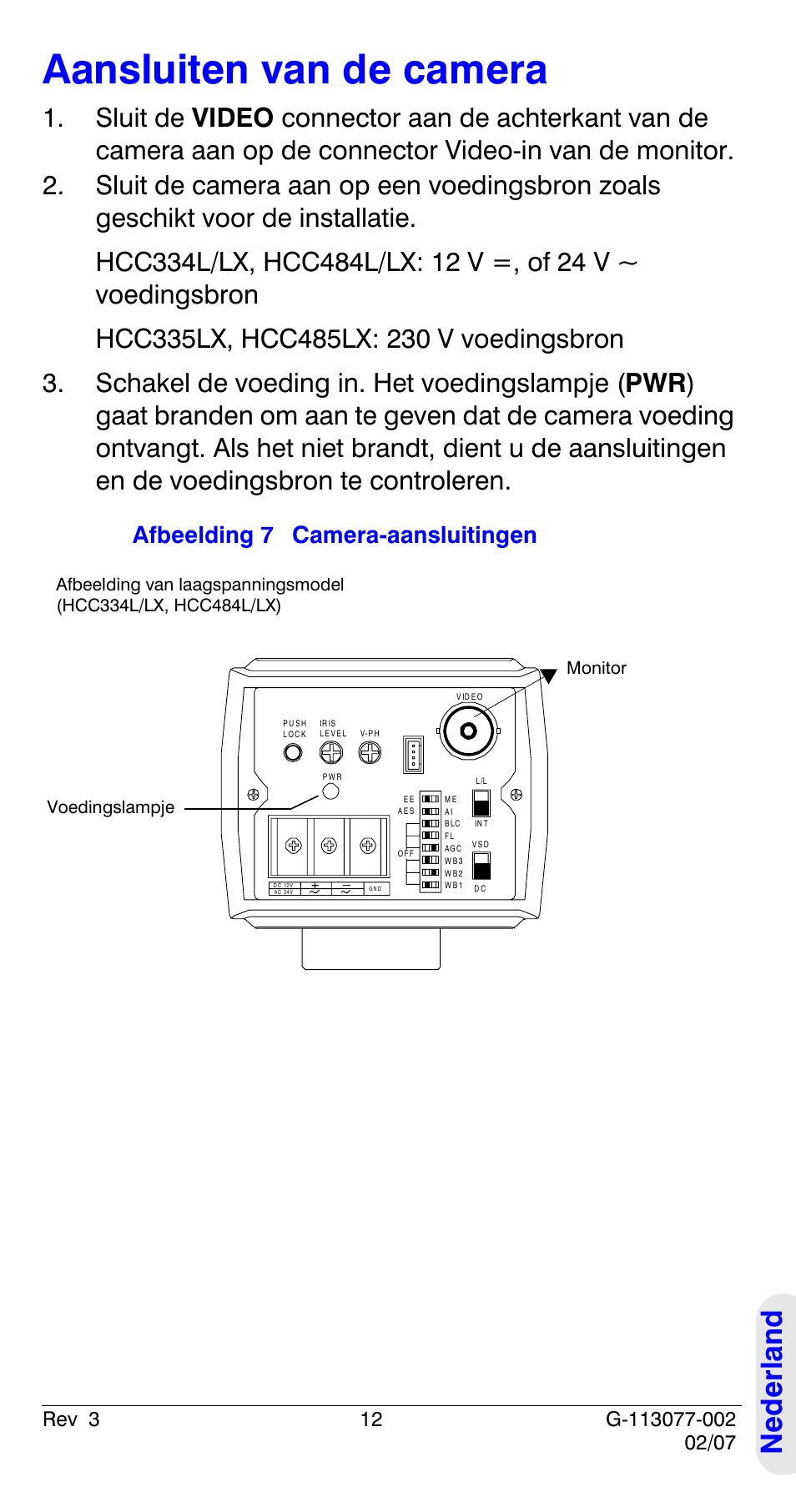 Aansluiten van de camera, Ned e rland, Afbeelding 7 camera-aansluitingen | Honeywell HCC334L User Manual | Page 117 / 120