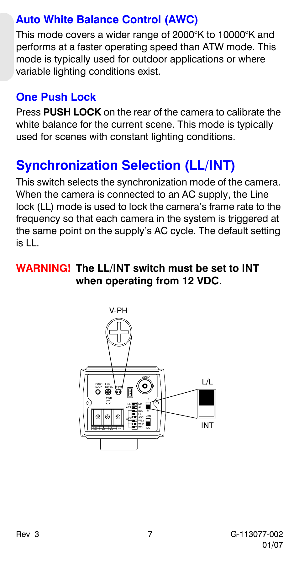 Synchronization selection (ll/int), Auto white balance control (awc), One push lock | L/l int v-ph | Honeywell HCC334L User Manual | Page 12 / 120
