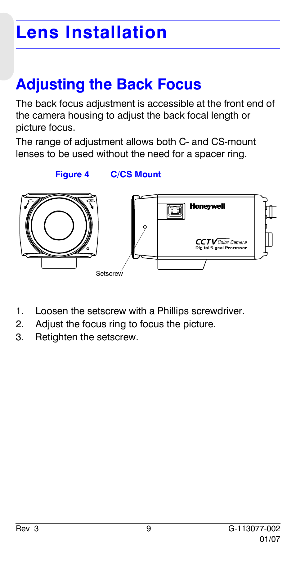 Lens installation, Adjusting the back focus | Honeywell HCC334L User Manual | Page 14 / 120