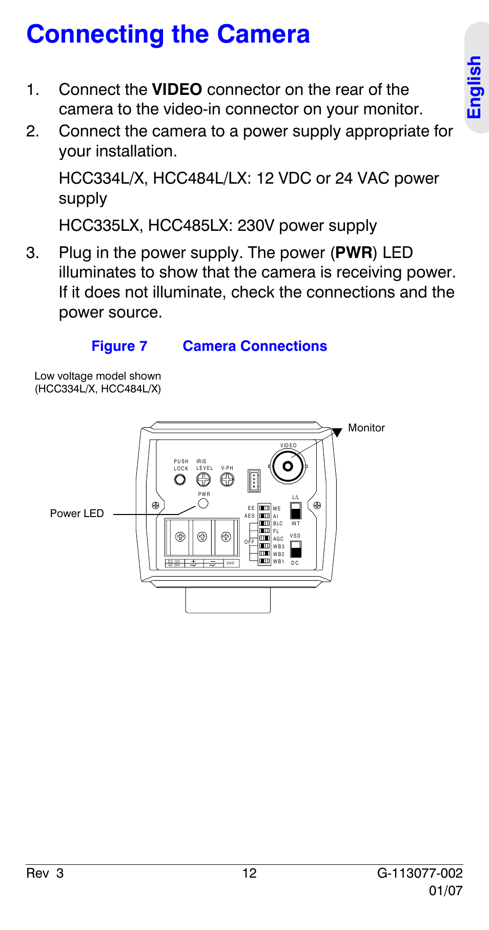 Connecting the camera, Eng lish, Figure 7 camera connections | Honeywell HCC334L User Manual | Page 17 / 120
