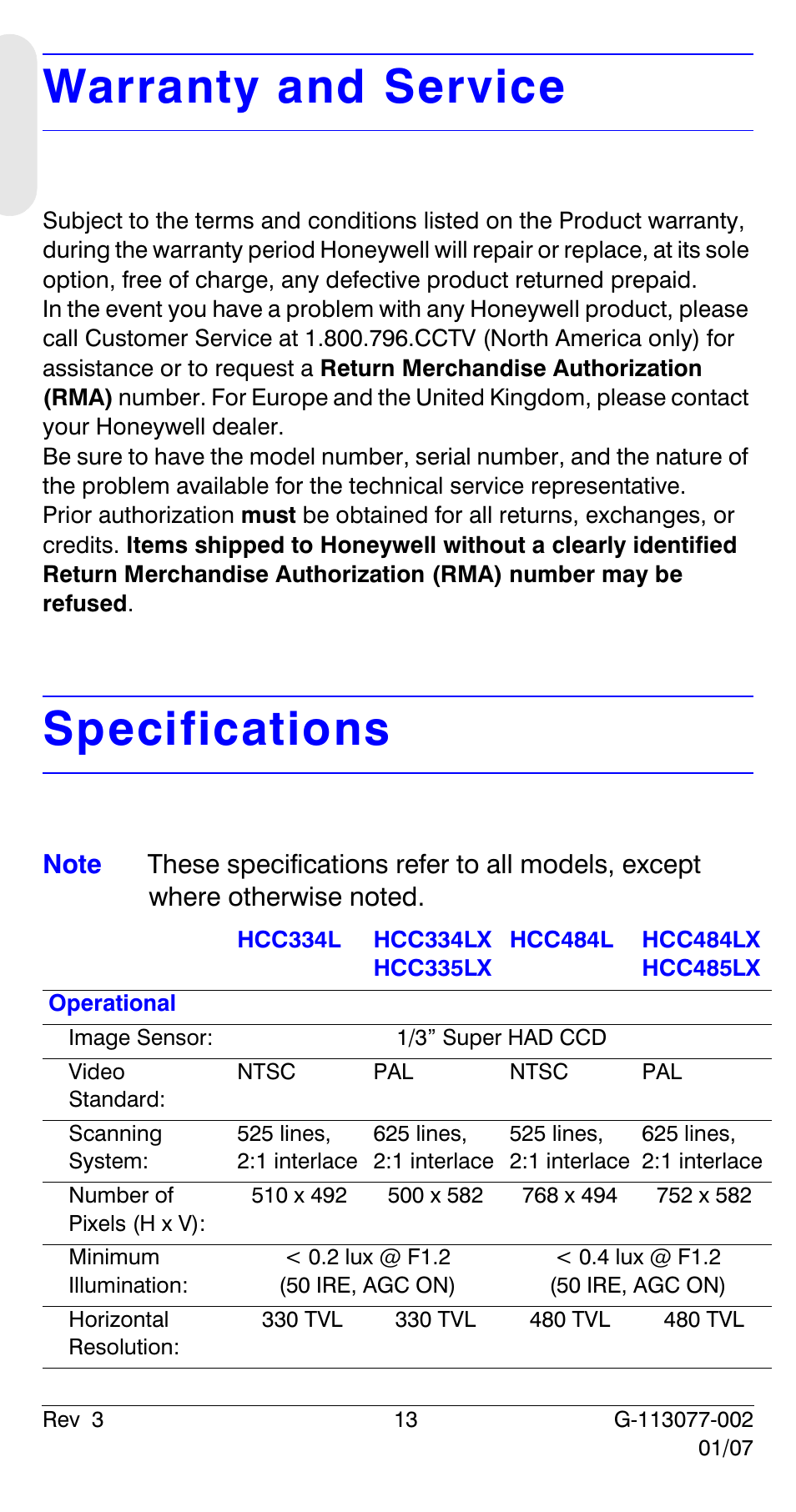 Warranty and service, Specifications | Honeywell HCC334L User Manual | Page 18 / 120