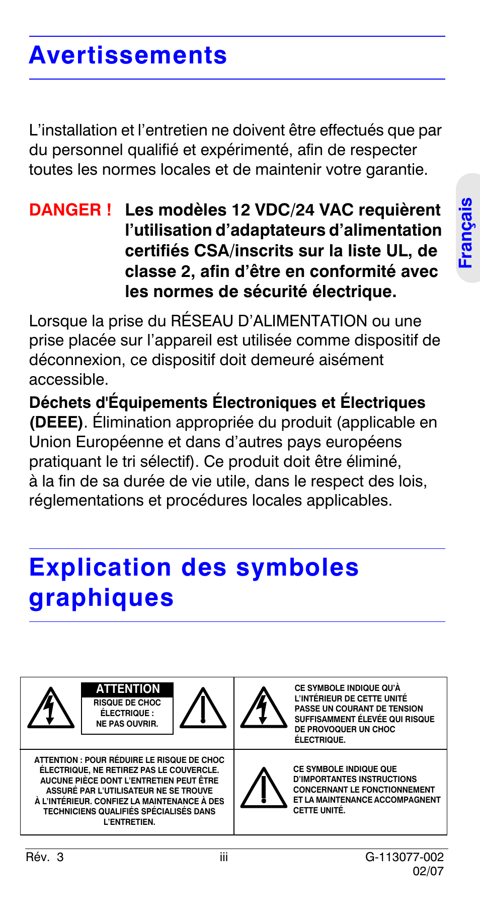 Avertissements, Explication des symboles graphiques | Honeywell HCC334L User Manual | Page 23 / 120