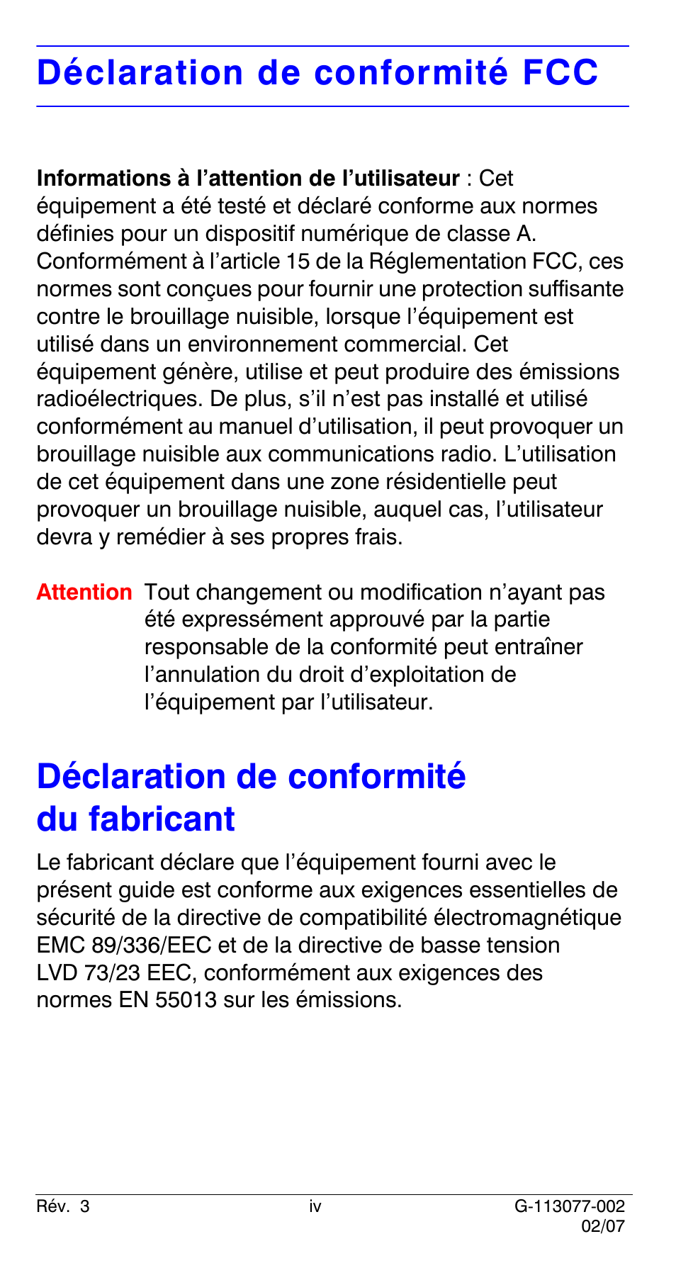 Déclaration de conformité fcc, Déclaration de conformité du fabricant | Honeywell HCC334L User Manual | Page 24 / 120