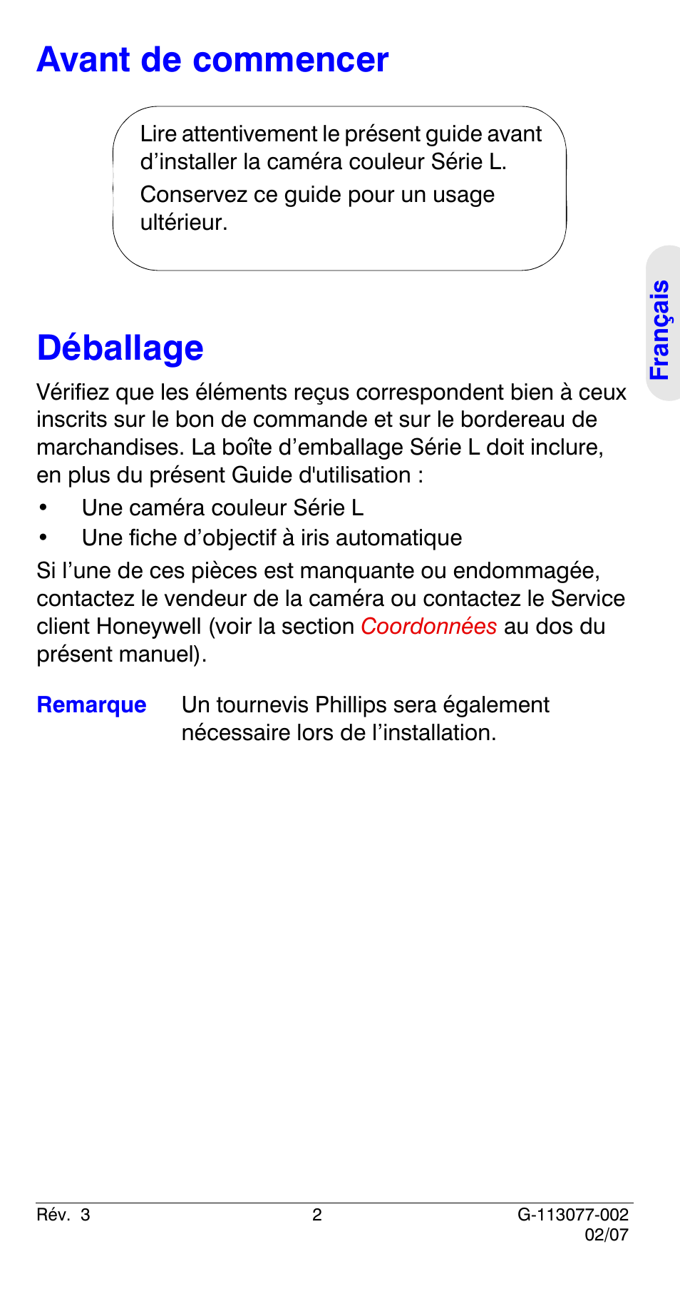 Avant de commencer, Déballage, Avant de commencer déballage | Honeywell HCC334L User Manual | Page 27 / 120
