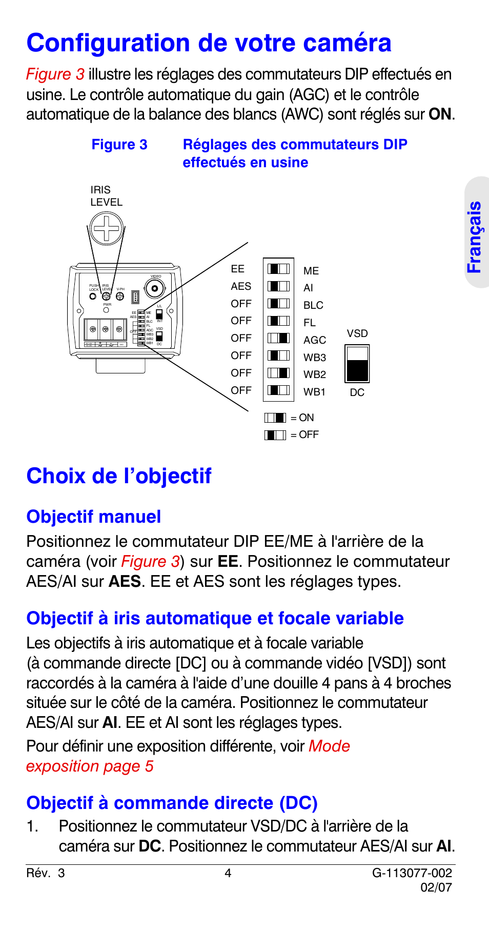 Configuration de votre caméra, Choix de l’objectif, Objectif manuel | Objectif à iris automatique et focale variable, Objectif à commande directe (dc) | Honeywell HCC334L User Manual | Page 29 / 120