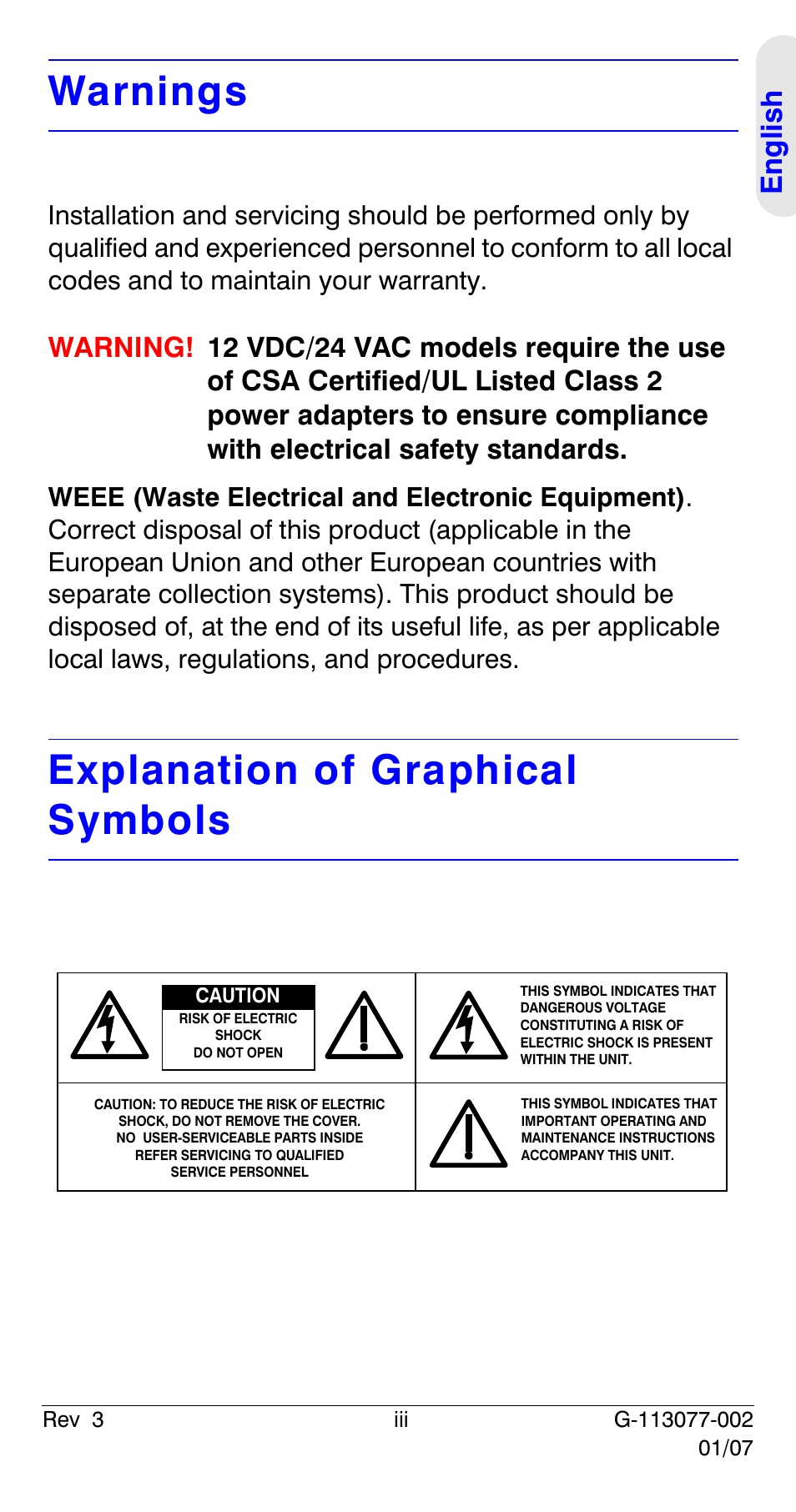 Warnings, Explanation of graphical symbols, Eng lish | Honeywell HCC334L User Manual | Page 3 / 120