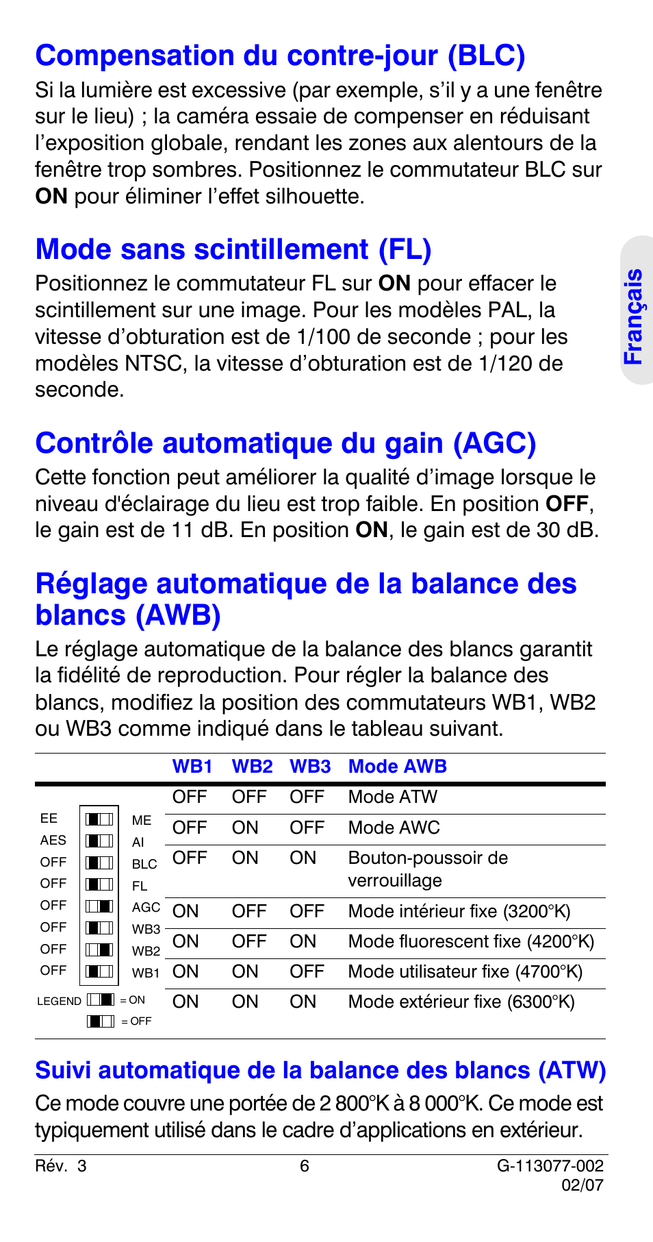 Compensation du contre-jour (blc), Mode sans scintillement (fl), Contrôle automatique du gain (agc) | Réglage automatique de la balance des blancs (awb), Suivi automatique de la balance des blancs (atw) 6, Suivi automatique de la balance des blancs (atw) | Honeywell HCC334L User Manual | Page 31 / 120