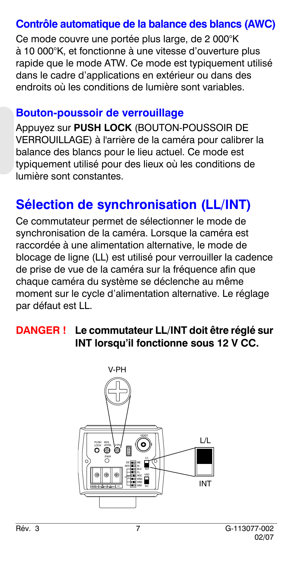 Sélection de synchronisation (ll/int), Bouton-poussoir de verrouillage, L/l int v-ph | Honeywell HCC334L User Manual | Page 32 / 120