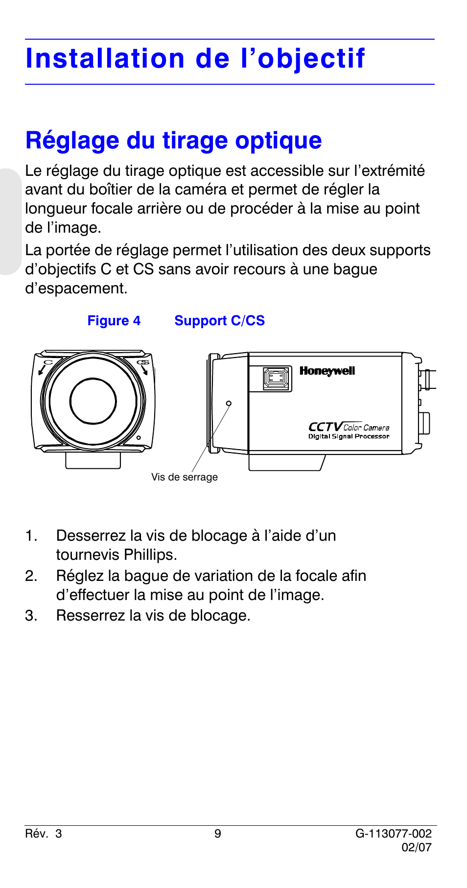 Installation de l’objectif, Réglage du tirage optique | Honeywell HCC334L User Manual | Page 34 / 120
