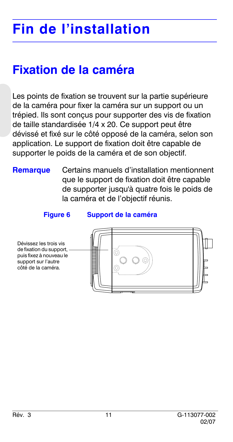 Fin de l’installation, Fixation de la caméra | Honeywell HCC334L User Manual | Page 36 / 120