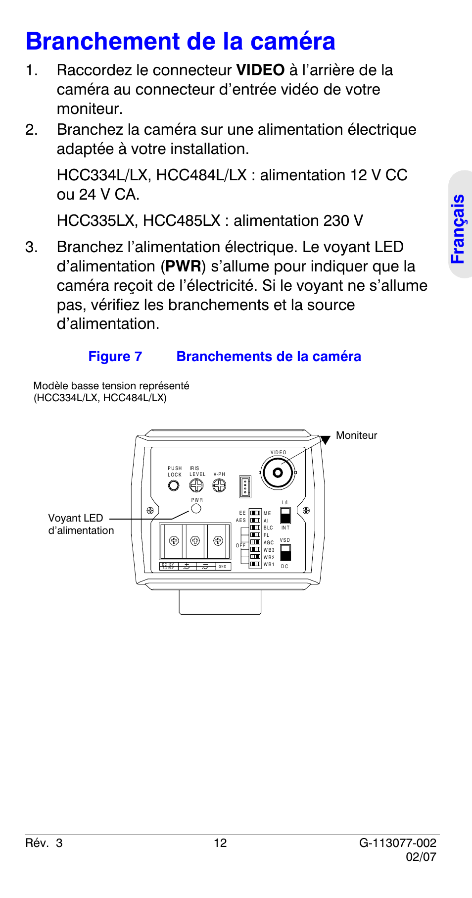 Branchement de la caméra, Figure 7 branchements de la caméra | Honeywell HCC334L User Manual | Page 37 / 120