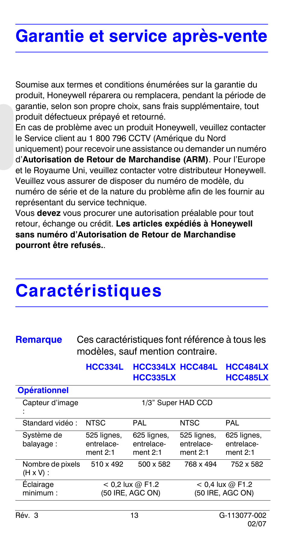 Garantie et service après-vente, Caractéristiques | Honeywell HCC334L User Manual | Page 38 / 120