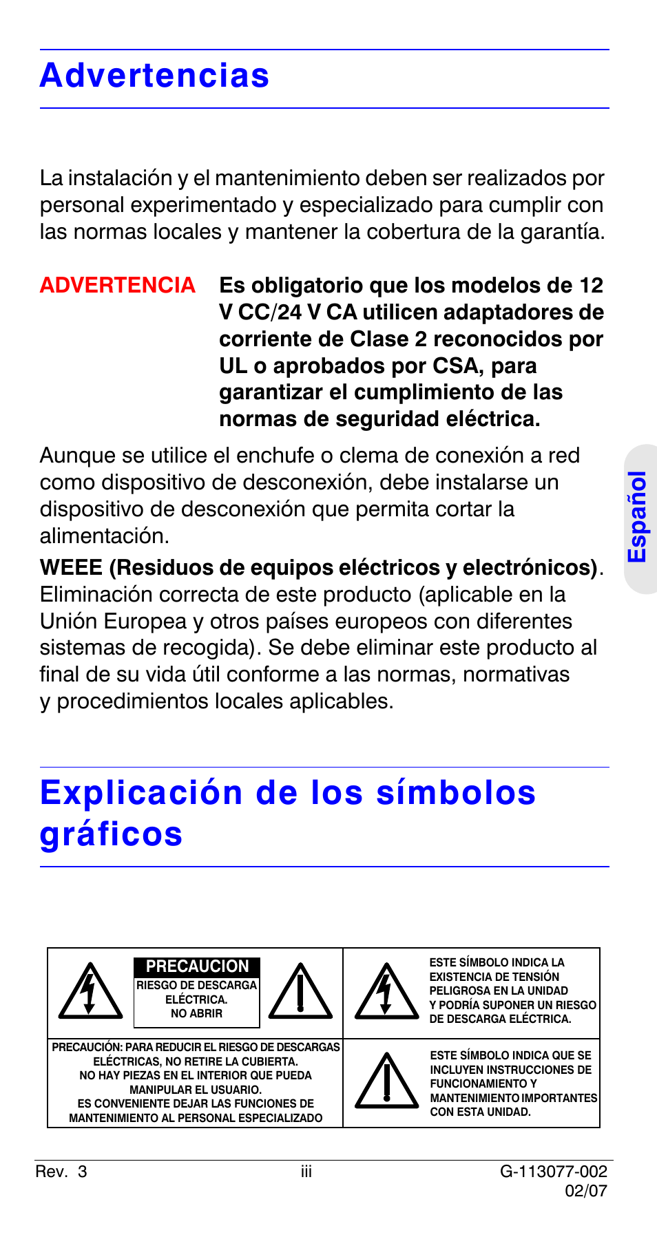 Advertencias, Explicación de los símbolos gráficos, Español | Honeywell HCC334L User Manual | Page 43 / 120