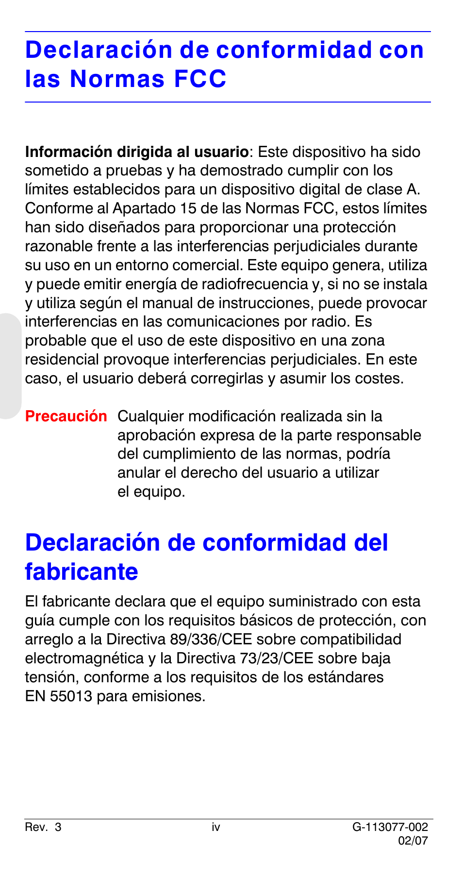 Declaración de conformidad con las normas fcc, Declaración de conformidad del fabricante | Honeywell HCC334L User Manual | Page 44 / 120