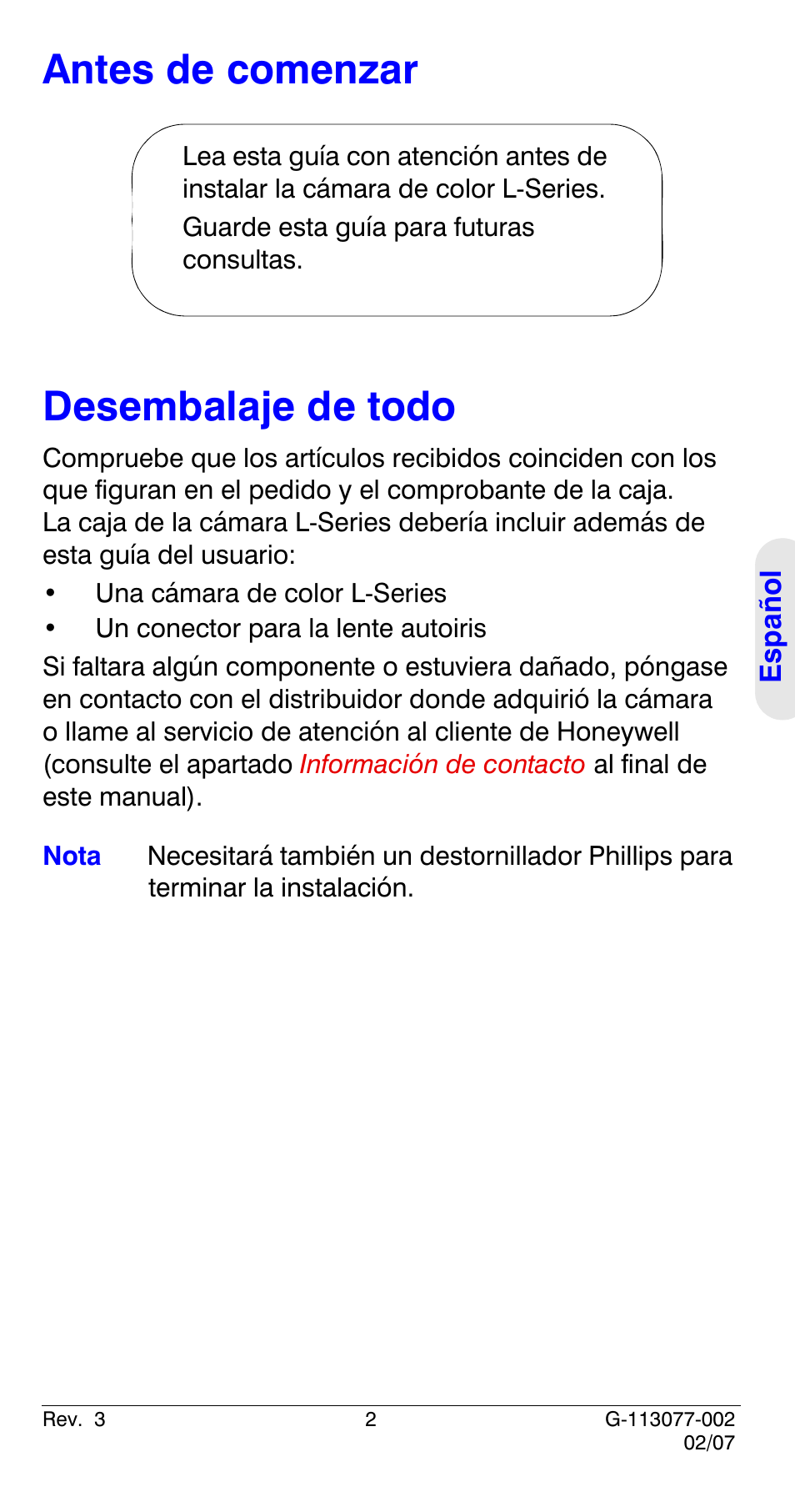 Antes de comenzar, Desembalaje de todo, Antes de comenzar desembalaje de todo | Honeywell HCC334L User Manual | Page 47 / 120
