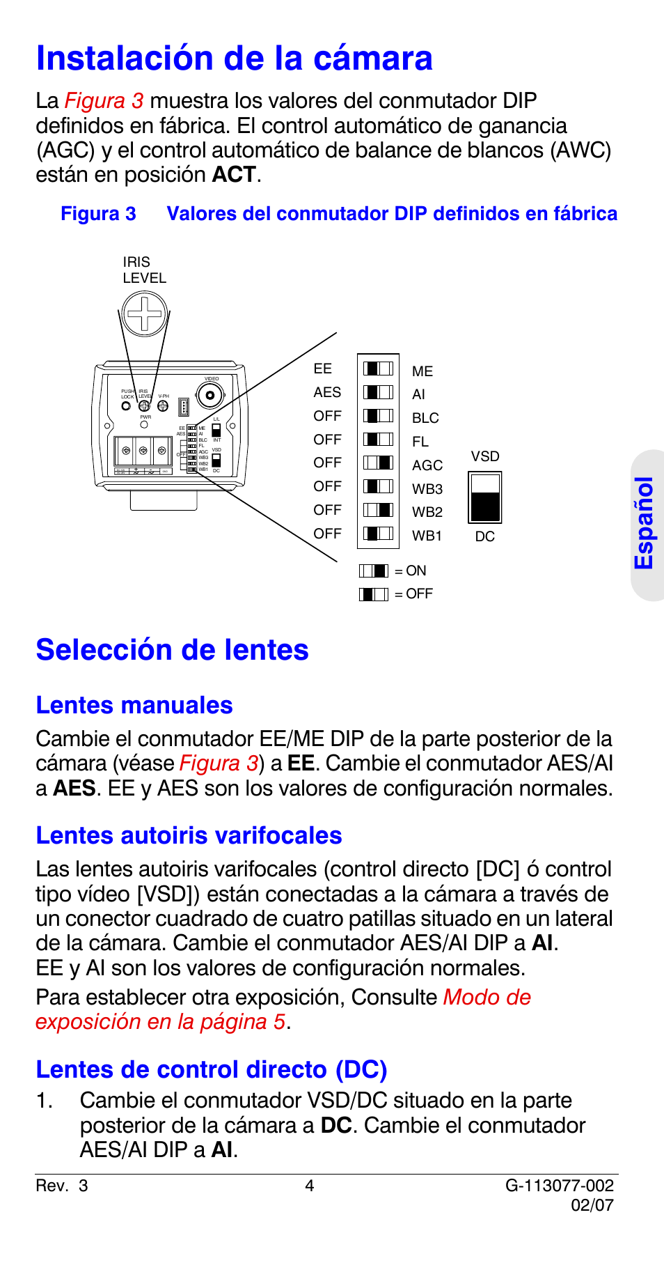 Instalación de la cámara, Selección de lentes, Español | Lentes manuales, Lentes autoiris varifocales, Lentes de control directo (dc) | Honeywell HCC334L User Manual | Page 49 / 120