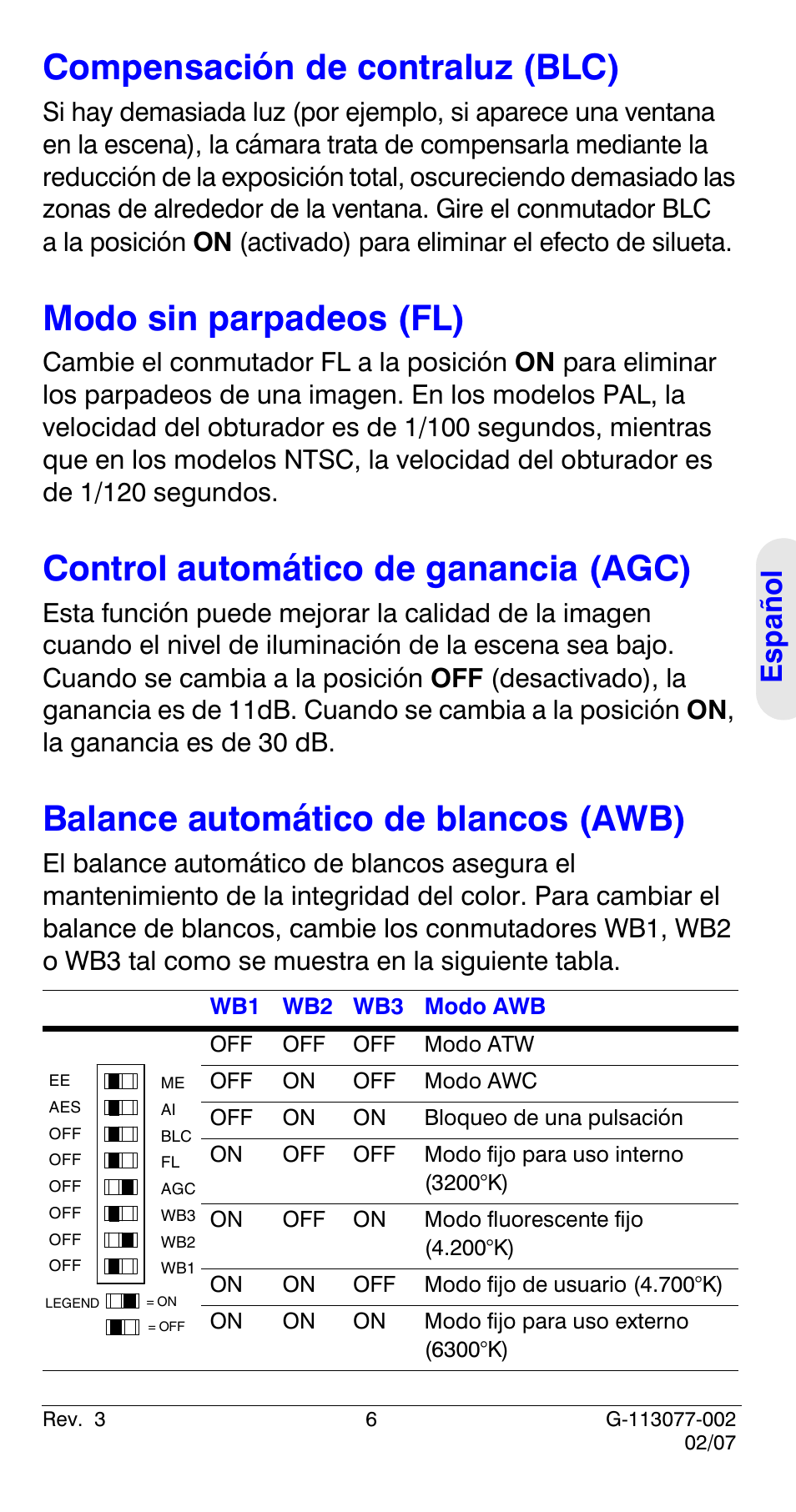 Compensación de contraluz (blc), Modo sin parpadeos (fl), Control automático de ganancia (agc) | Balance automático de blancos (awb), Español | Honeywell HCC334L User Manual | Page 51 / 120